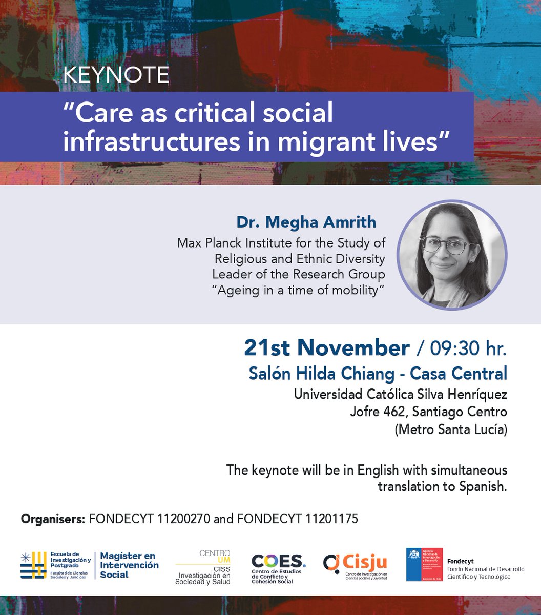 agemig_MPI's tweet photo. Tomorrow in Santiago de Chile, @meghaamrith @mpimmg will give a keynote talk on 'Care as critical social infrastructures in migrant lives' as part of an international seminar organized by Carol Chan and Carolina Ramírez @carolina_rc on #diversities, #convivialities, and #space. https://t.co/NVSu6JzuE6