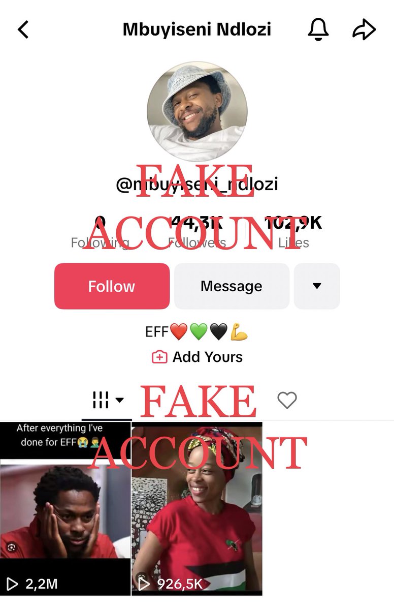 MbuyiseniNdlozi's tweet photo. This is a FAKE account. And @TikTokSupport should remove it. Pretending to be someone you are not is not only idiotic, but defamatory! https://t.co/DzorN48qSp