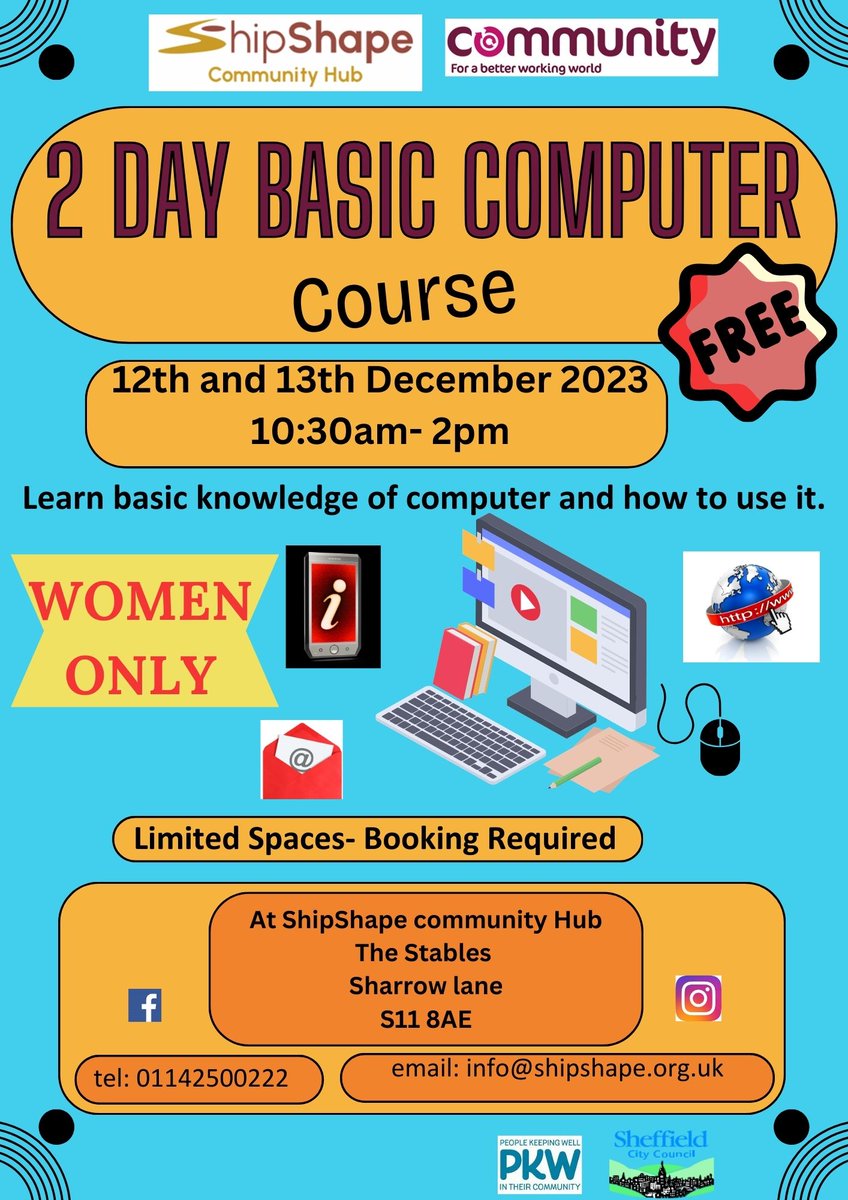 shipshapewell's tweet image. We have limited spaces for our FREE WOMEN only computer course - Do get in touch to book a space.
13th to 13th December 10.30am to 2pm
#computerskills #womensgroup #sheffieldissuper