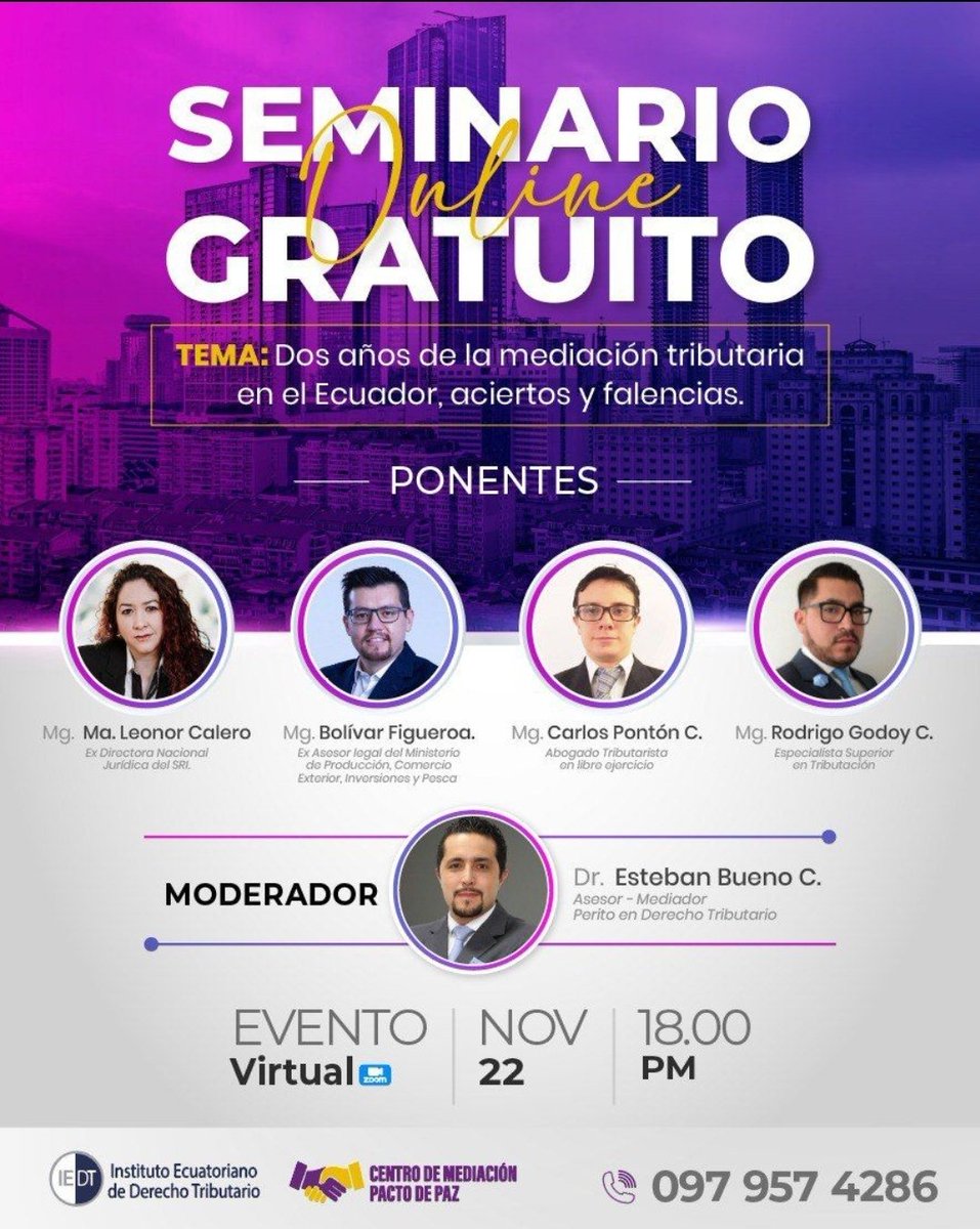centro_pdp's tweet photo. Dos años de #mediacióntributaria en el Ecuador, en este Webinar, nuestros invitados Dra. Ma. Leonor Calero (@maleonorcalero), Dr. Carlos Pontón (@carlos_ponton_ ), Dr. Rodrigo Godoy, Dr. Bolívar Figueroa  (@Tax593) nos compartirán sus conceptos y experiencias. Todos invitados https://t.co/pOEXPEMKt9