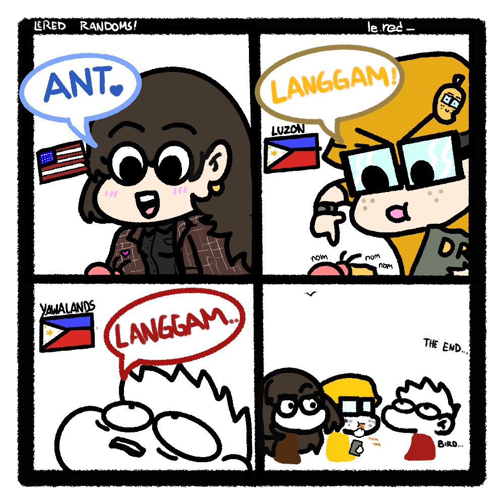 LeRED_draws's tweet image. Just trying something new!

ty to my frens for allowing me to use them as the characters in this comic :3

Pls follow them!
@kmsankm  the AMERICAN 
@LoserMangaka the people up north represent 
Me the yawa dweller

#bisaya #yawa