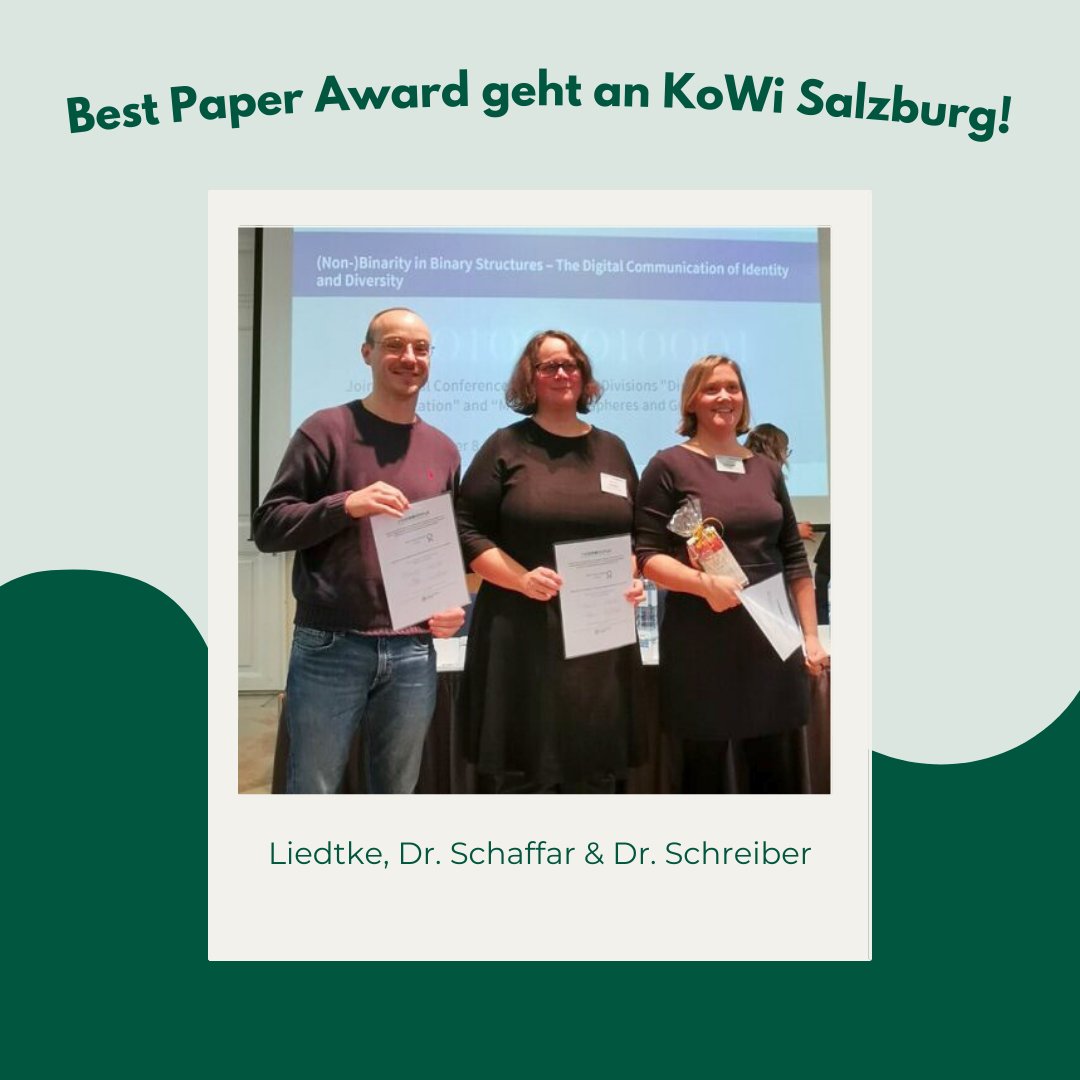 Dr. Maria Schreiber, Marius Liedtke und Dr. Andrea Schaffar werden für ihren Beitrag “Algorithmic body imaginaries: health and fitness practices on social media” ausgezeichnet! #dgpuk #kowi #unisalzburg #plus