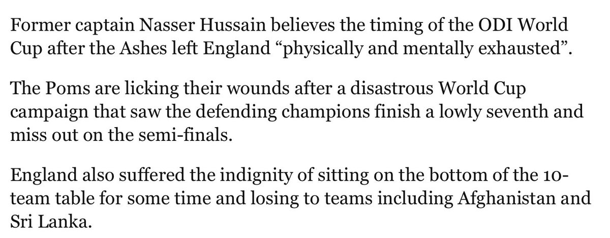 MitchellGlenn's tweet photo. Poor old England’s woes at the World Cup were apparently due to them having played the Ashes at home earlier in the year 

They were simply too tired 

From memory, their opponent in the Ashes was Australia 

They must be a super human outfit 🤔

🏏  #ICCCricketWorldCup  #INDvAUS https://t.co/Yepd3ZRfmm