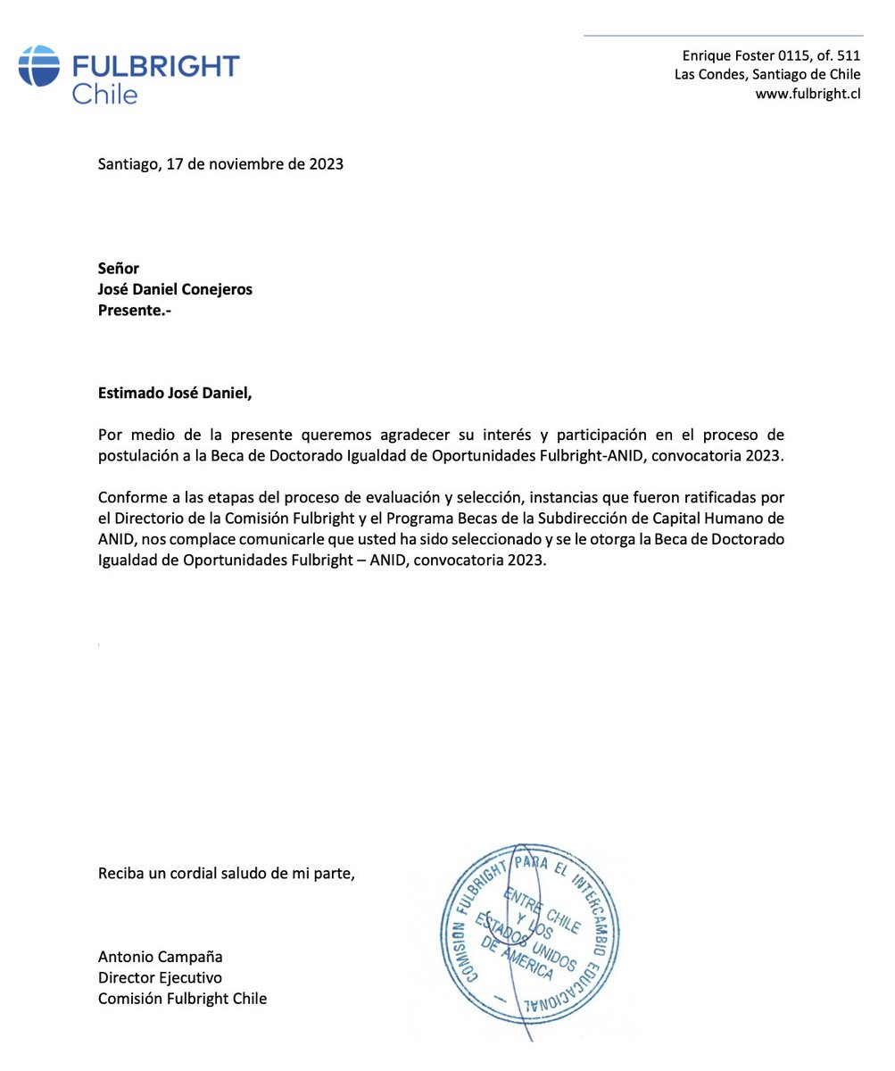 Tengo la enorme felicidad de contarles que ¡fui seleccionado para la beca Fulbright de igualdad de oportunidades (BIO) para realizar estudios de doctorado en USA! Gracias a @eundurra por todo el apoyo en este proceso 🙌