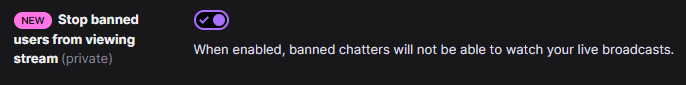 itsNicoleTTV's tweet photo. After far too long, Twitch has FINALLY added this feature!👏

It's automatically disabled by default, so if this is something you're interested in, make sure to head over to:

Creator Dashboard > Settings > Moderation and  enable "Stop banned users from viewing stream." https://t.co/qcPRsxiLr2