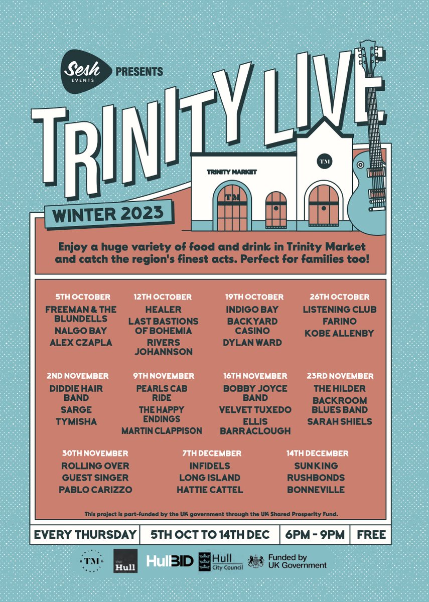 Trinity Live (@trinitylivehull) on Twitter photo Just four more chances this year to catch amazing free live music at <a href="/TrinityMarket1/">Trinity Market Hull</a>!
THIS WEEK (Thu 23 November):
1️⃣ 6:45-7:15PM, @sezshiels
2️⃣ 7:30-8PM, Backroom Blues
3️⃣ 8:15-9PM, <a href="/TheHilderBand/">The Hilder</a>
⏰ The fun starts at 6pm!
👍 Live music, food, drink, and good times. Just four more chances this year to catch amazing free live music at <a href="/TrinityMarket1/">Trinity Market Hull</a>!
THIS WEEK (Thu 23 November):
1️⃣ 6:45-7:15PM, @sezshiels
2️⃣ 7:30-8PM, Backroom Blues
3️⃣ 8:15-9PM, <a href="/TheHilderBand/">The Hilder</a>
⏰ The fun starts at 6pm!
👍 Live music, food, drink, and good times.