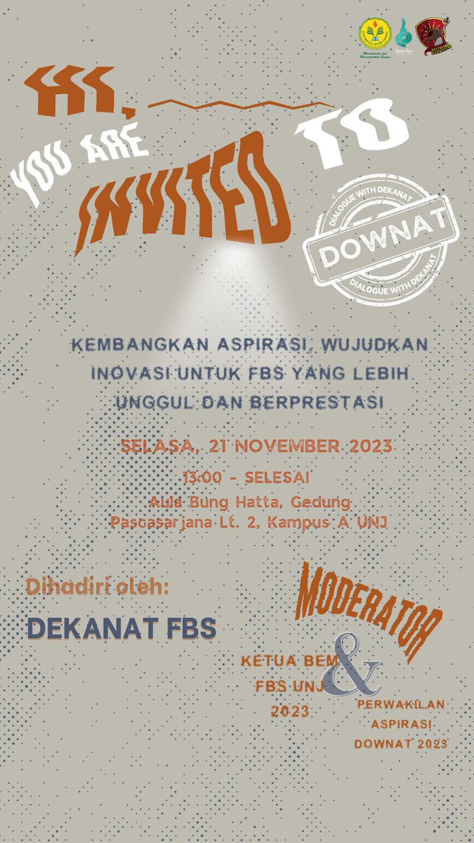 Selamat malam teman-teman FBS! Bagi kalian yang ingin ikut Dialogue with Dekanat  2023 besok bisa langsung aja datang ke Aula Hatta, Gedung Pascasarjana lt 2 pukul 13.00!