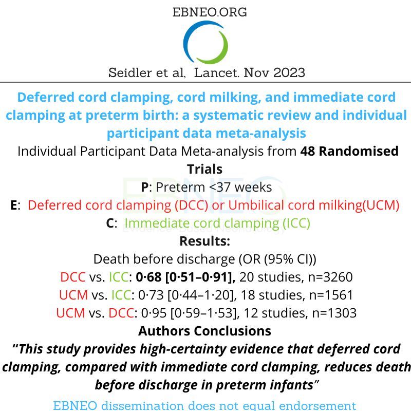 New IPD meta-analysis investigating the impact of cord strategies on preterm mortality published in <a href="/TheLancet/">The Lancet</a> by <a href="/LeneSeidler/">Anna Lene Seidler (she/her)</a> 
#neotwitter #EBNEOAlerts
buff.ly/46lboM3