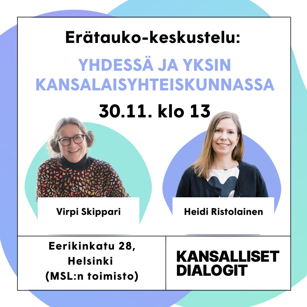 Tervetuloa mukaan #erätaukokeskustelu to 30.11. klo 13, Eerikinkatu 28, Helsinki. Tarkastelemme yhteisöllisyyden ja yksinolon merkitystä poikkeusaikana ja sen jälkeen. Ilmoittaudu 28.11. mennessä: ow.ly/f43750Q9nSa #kansallisetdialogit #maaseudunsivistysliitto @SivisNYT