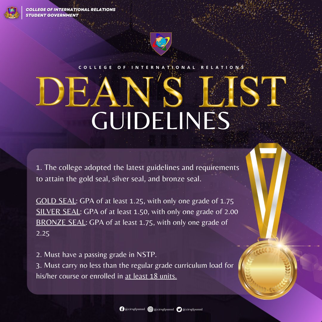 Please be advised of the following Dean's List guidelines as set by the university. 

Once again, congratulations to all Dean's Listers for the 2nd Semester of AY 2021-2022! 💜

Pubmat by: Crista Mae De Ocampo

#CollegeofInternationalRelations 
#CIReadapt 
#CIRSG2324