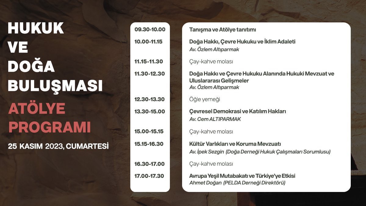 UrfaBarosu's tweet photo. Baromuz Kent ve Çevre Komisyonu Doğa Derneği ve Pelda Derneği işbirliği ile 25-26 Kasım 2023 tarihlerinde Doğa Derneği Hukuk danışmanları Av. Özlem Altıparmak ve Av. Cem Altıparmak koordinatörlüğünde atölye düzenlenecektir.

Doğa savunuculuğundaki deneyimlerin paylaşılması, doğa savunusunda hukuku etkin olarak kullanmak doğa çevre ve iklim okur yazarlığını geliştirmek ve saha bilgisini  arttırmak konulu atölye çalışmasına meslektaşlarımızın katılımını bekler saygılarımızı sunarız.

Kayıt İçin Aşağıdaki bağlantıyı kullanabilirsiniz 
https://t.co/yRbMsq8yd6

İletişim: 
kurs@dogadernegi.org
Ahmet Doğan: +90 507 451 23 41
