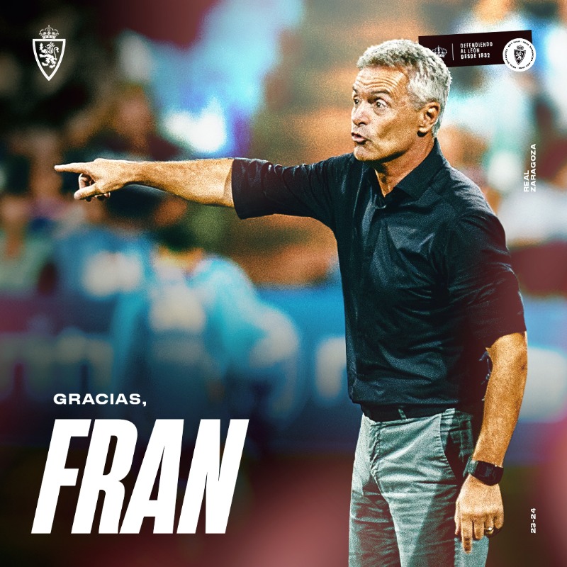 RealZaragoza's tweet photo. El Real Zaragoza y Fran Escribá finalizan su relación contractual 

Queremos agradecer la implicación de Fran Escribá y su cuerpo técnico, y les deseamos toda la suerte en sus futuros retos profesionales y personales