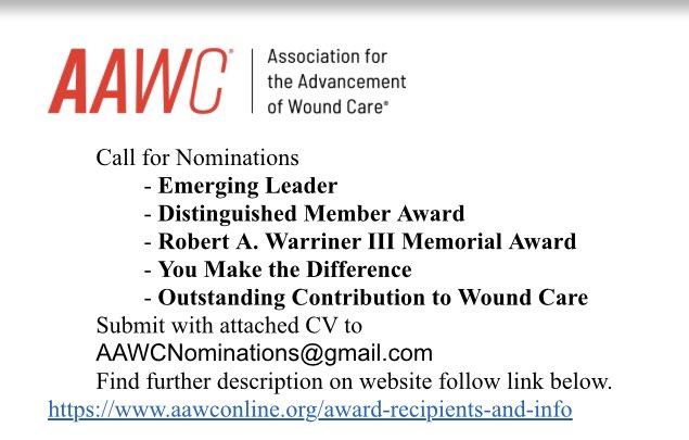 We appreciate the support of all of our members. Now it is time for you to recognize your colleagues for their contributions! Nominations for Annual Awards are now open and close December 1st. Follow the link in bio
#woundcare #woundhealing #recognition #awards2023 #inGoodCompany