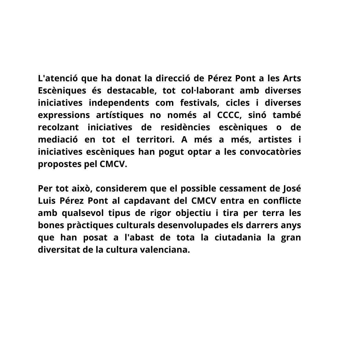 🛑 Des de Graners de Creació, com a projecte valencià de residències artístiques, juntament amb altres companys i companyes, ens posicionem en contra del cessament de @perezpont, director del <a href="/centredelcarme/">CCCC Centre del Carme Cultura Contemporània</a> i del <a href="/ConsorcioMuseos/">Consorcio Museos CV</a>.