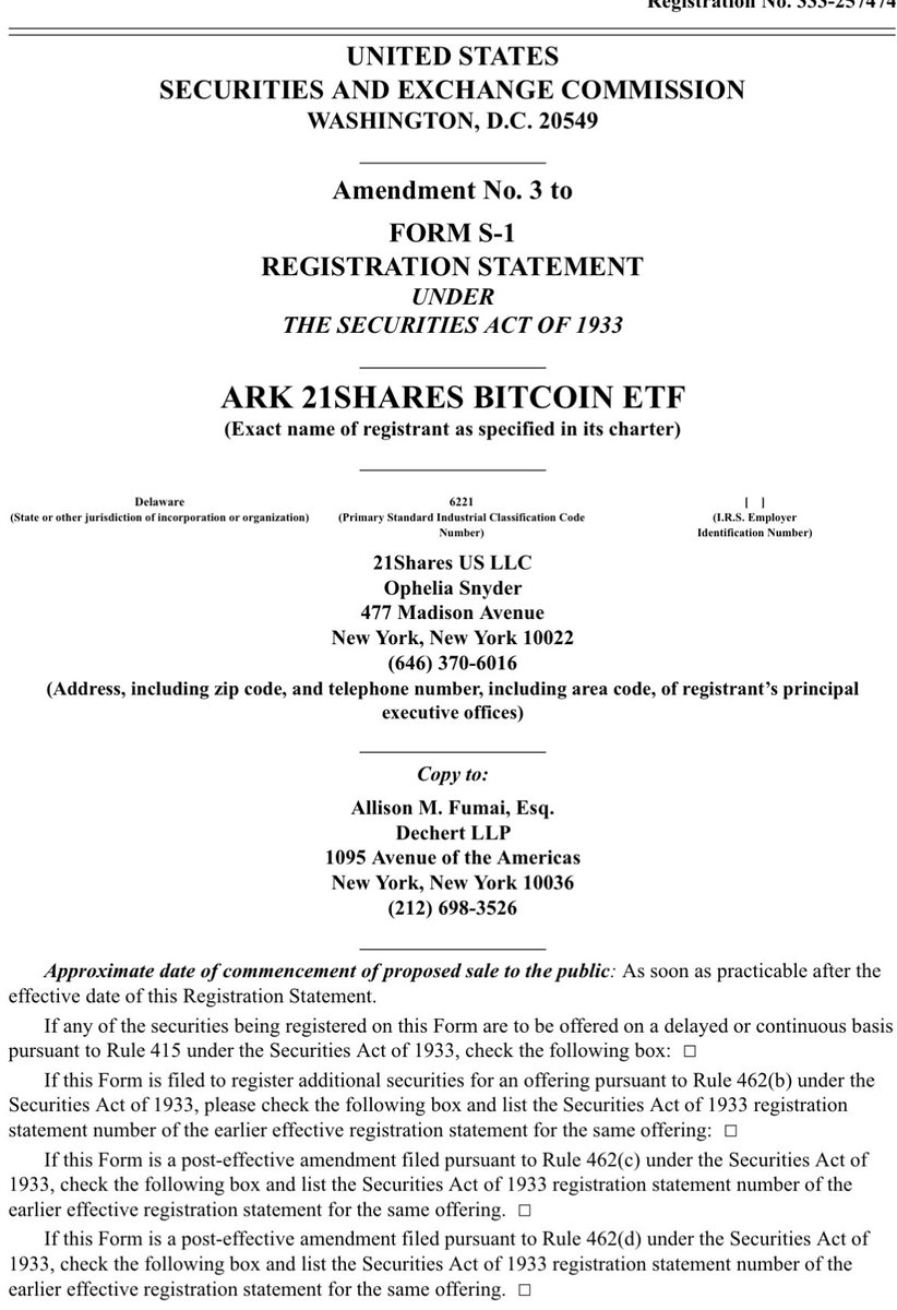 Update: @ARKInvest just filed another amended prospectus for their spot #bitcoin  ETF. Likely means things are likely still moving with SEC conversations.