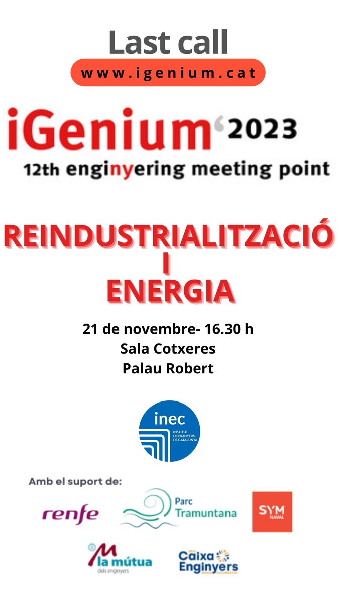 #LastcalliGenium Demà a les 16.30 al Palau Robert #citaenginyeria #reindustralitzacio #energia <a href="/Renfe/">Renfe</a> <a href="/SymNaval/">SYM Naval</a> <a href="/BlueFloatEnergy/">BlueFloat Energy</a> <a href="/MutuaEnginyers/">La Mútua dels Enginyers</a> <a href="/CaixaEnginyers/">Caixa Enginyers</a>