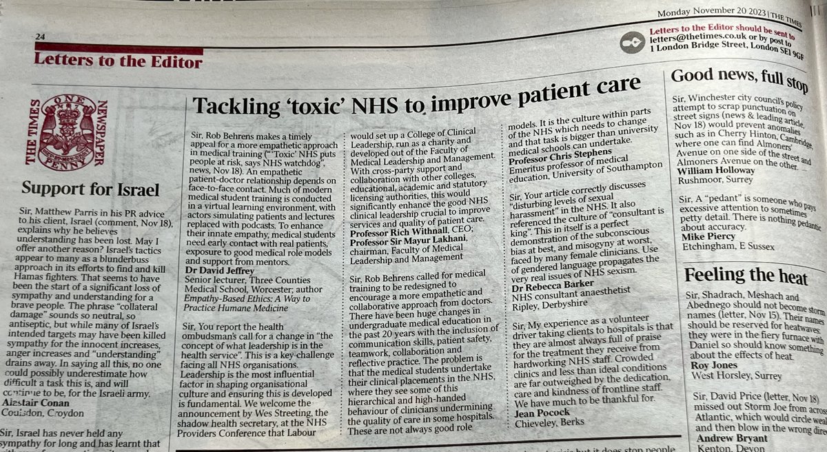 After @thetimes 'Toxic NHS' headline on Sat, our Letter to the Editor published today signposts @wesstreeting's exciting announcement (@NHSProviders Conference, 15 Nov) that Labour would set up a College of Clinical Leadership developed out of @FMLM_UK. Collaboration will be key.
