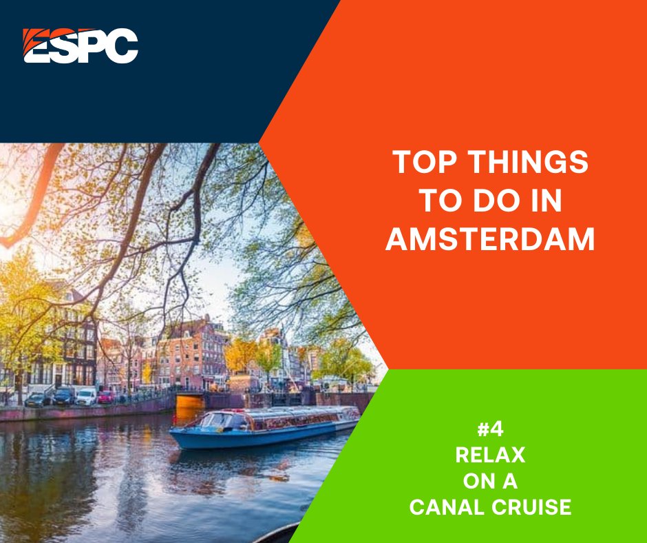 🚲Here's what to do in #Amsterdam!
10 Experiences with 7 days to go until #ESPC23🌷

#CanalCruise Chill 🚤 Enjoy a scenic canal cruise morning, noon or night.

#ESPC23 #AmsterdamActivities #TopThingstoDoAmsterdam