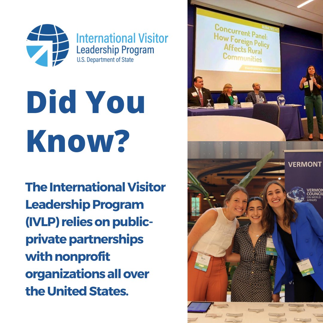 To carry out the International Visitor Leadership Program (#IVLP), the @StateDept partners with 8 National Program Agencies in Washington, DC and 80+ community-based organizations across the country through the @GlobalTiesUS Network. 🗺 Learn more: eca.state.gov/ivlp