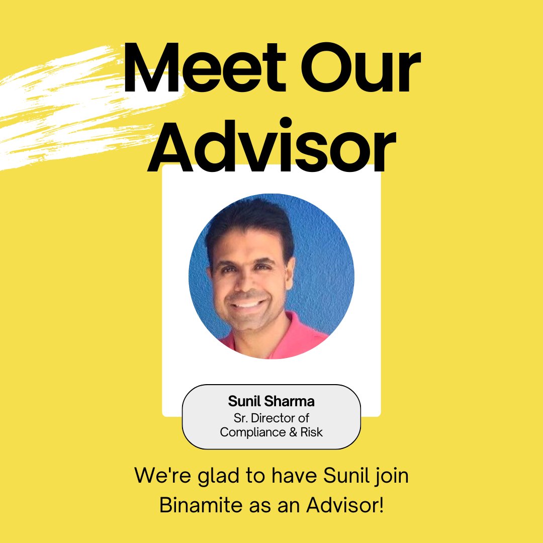 We are thrilled to announce that Sunil Sharma, Senior Director of Product Management, Compliance, Risk and Tooling at Circle, has joined us as an Advisor! 💼

Check out Binamite.com to start transacting like it's the 21st century! 🚀
