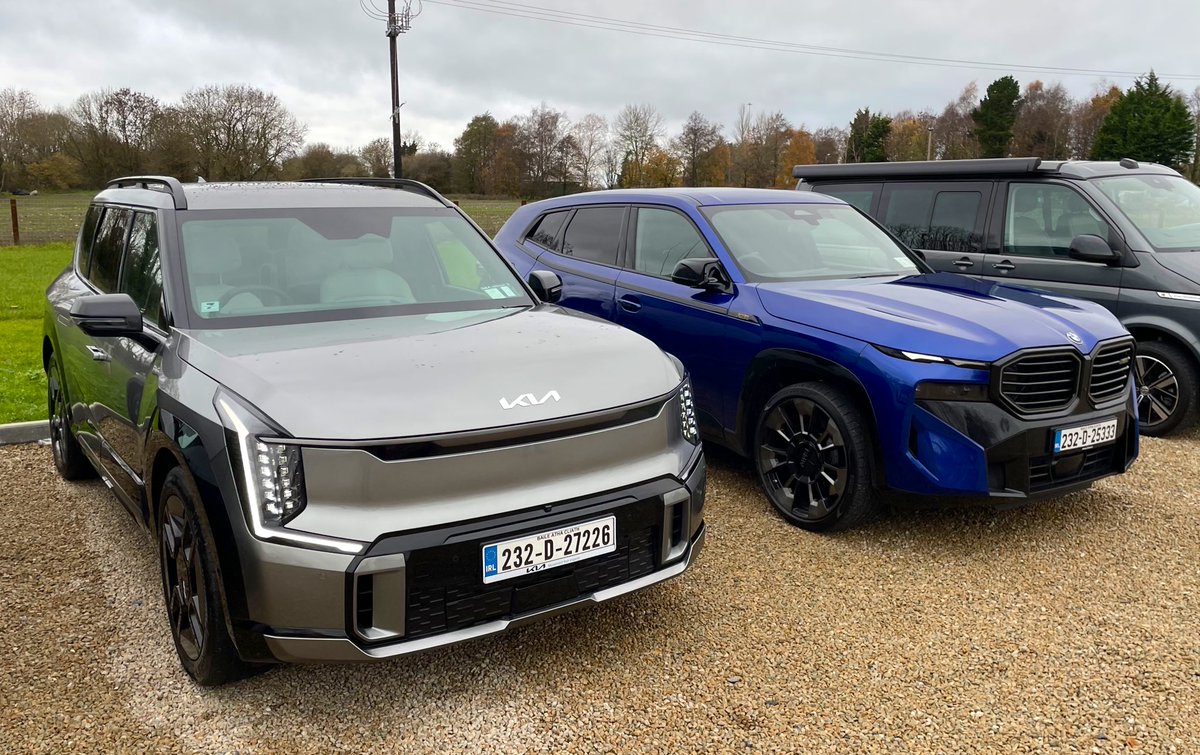 MiSheridan's tweet photo. Drove the similar sized BMW XM hybrid to test the new KIA EV9 at its launch today in Goffs. EV9 is a pure EV staring from €77,500 for the seven-seat Earth model. This GT Line costs €85,500… that’s very cheap next to the XM. https://t.co/tTVPXzxaRA