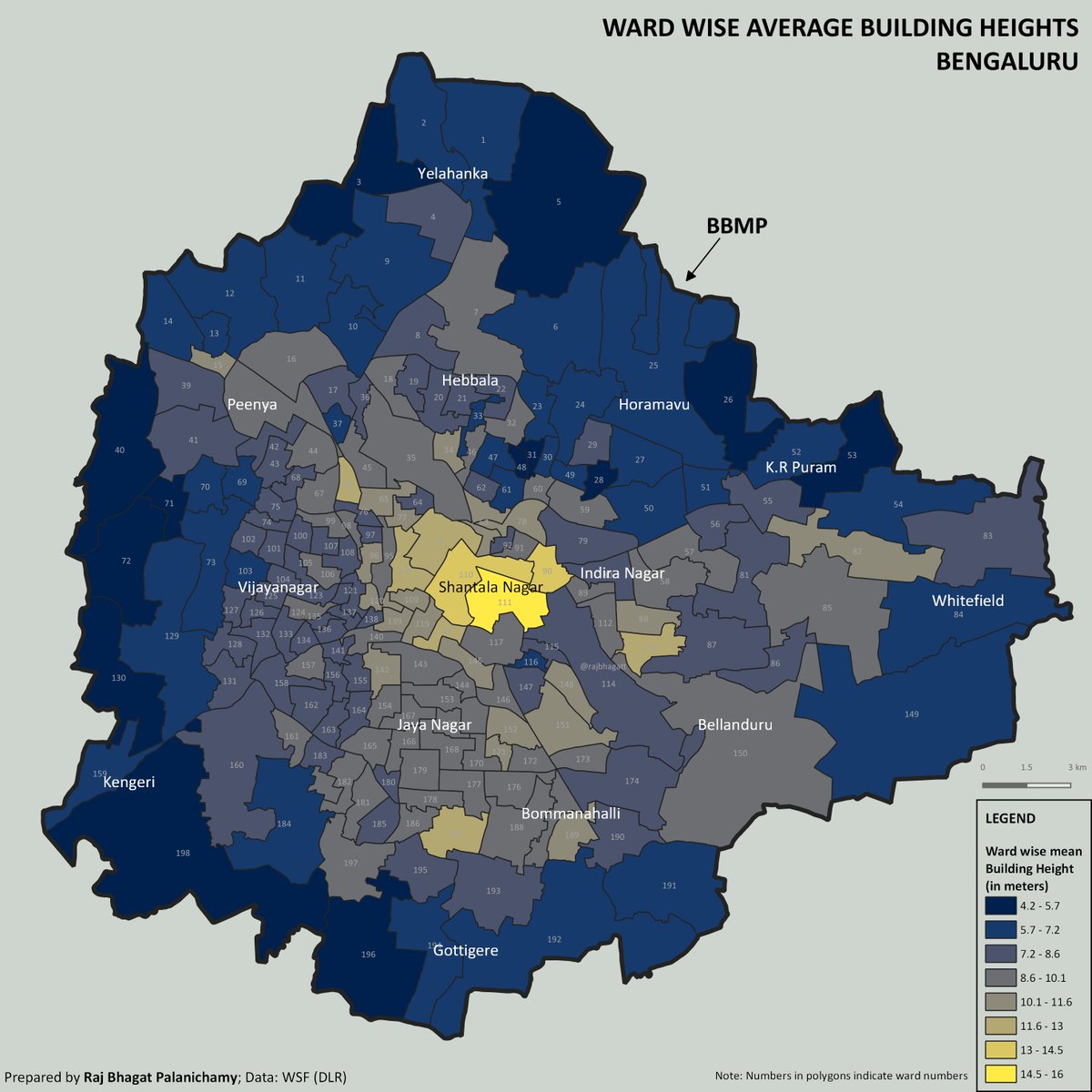 #30DayMapChallenge Day 13: Choropleth

#Map shows the ward wise average building height in #Bengaluru. Though there are a lot of tall buildings in the peripheries of the city, the average is higher in the core. 

It is because of the presence of lots of big commercial and public