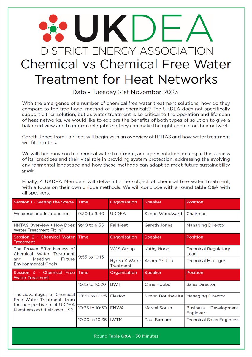 Our next Webinar is taking place tomorrow! This event is titled 'Chemical vs Chemical Free Water for Heat Networks', and you can sign up to attend using the link below. This event is free and open to all, so we look forward to seeing you there! lnkd.in/ewGgn5yz #ukdea