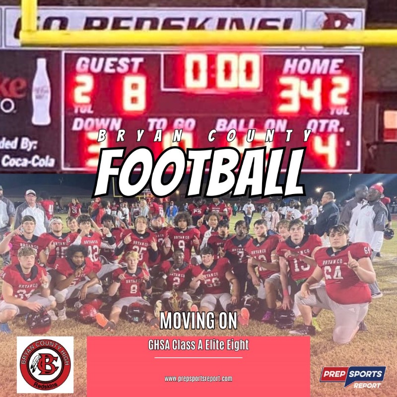 SavSportsReport's tweet photo. ππ₯ History continues to be made in Pembroke, GA! Bryan County Redskins secure another FIRST by dominating Pelham Hornets 34-8, advancing to GHSA Football Elite Eight! Click on picture for story!
@BryanCountyHS @GHSA
#BCRedskinsWinAgain #HistoryMade #EliteEightBound