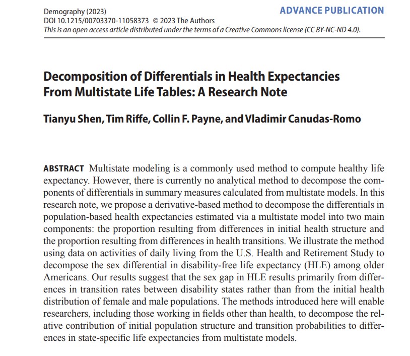 “Decomposition of Differentials in Health Expectancies From Multistate Life Tables”: @attshen831 @timriffe1 @collinfpayne & V Canudas-Romo show how differences in transition probabs can → diffs in expectancies. @Demography_ANU @Opik_ikerketa @Ikerbasque ow.ly/yYvc50Q9gkn