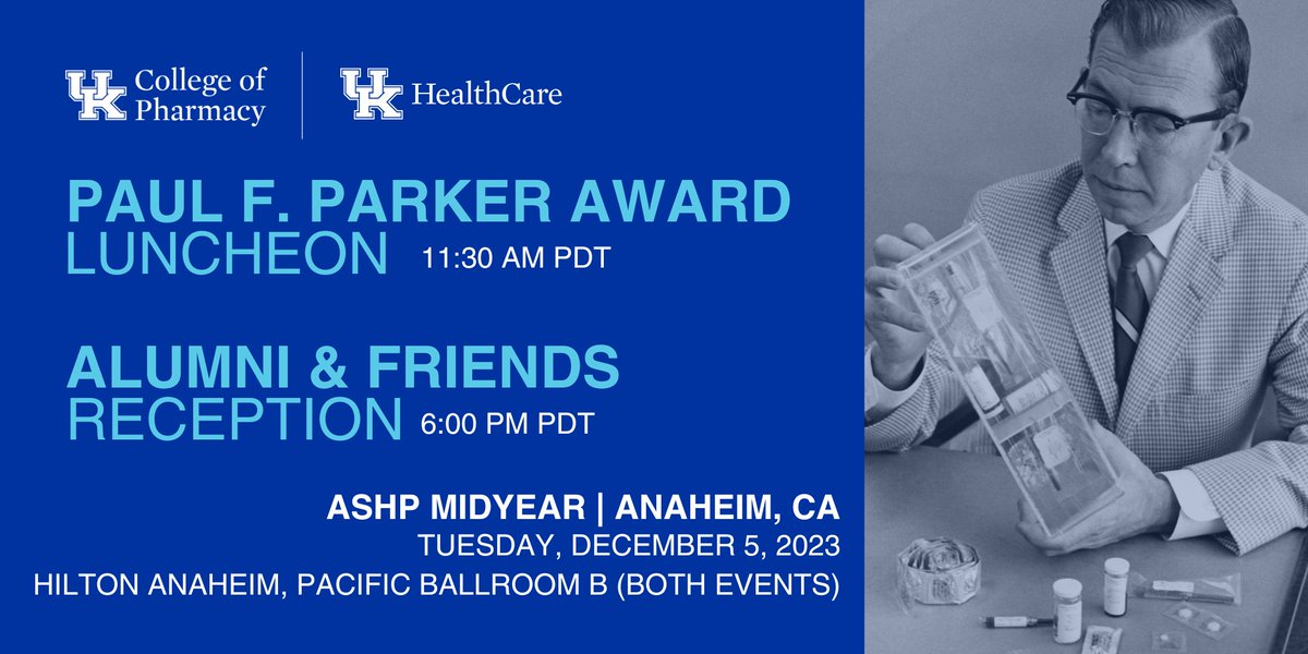 UK_COP's tweet photo. Headed to @ASHPOfficial Midyear next month? Don't forget to register for the Paul F. Parker Award luncheon and evening reception to reconnect with your KY friends!

This year, we're honoring @UTEPSOP Dean Rivera (R77)! 

https://t.co/K09Ed0lEOJ

#TwitteRx #PharmEd #OnceAnR https://t.co/lrbGIBYYPy