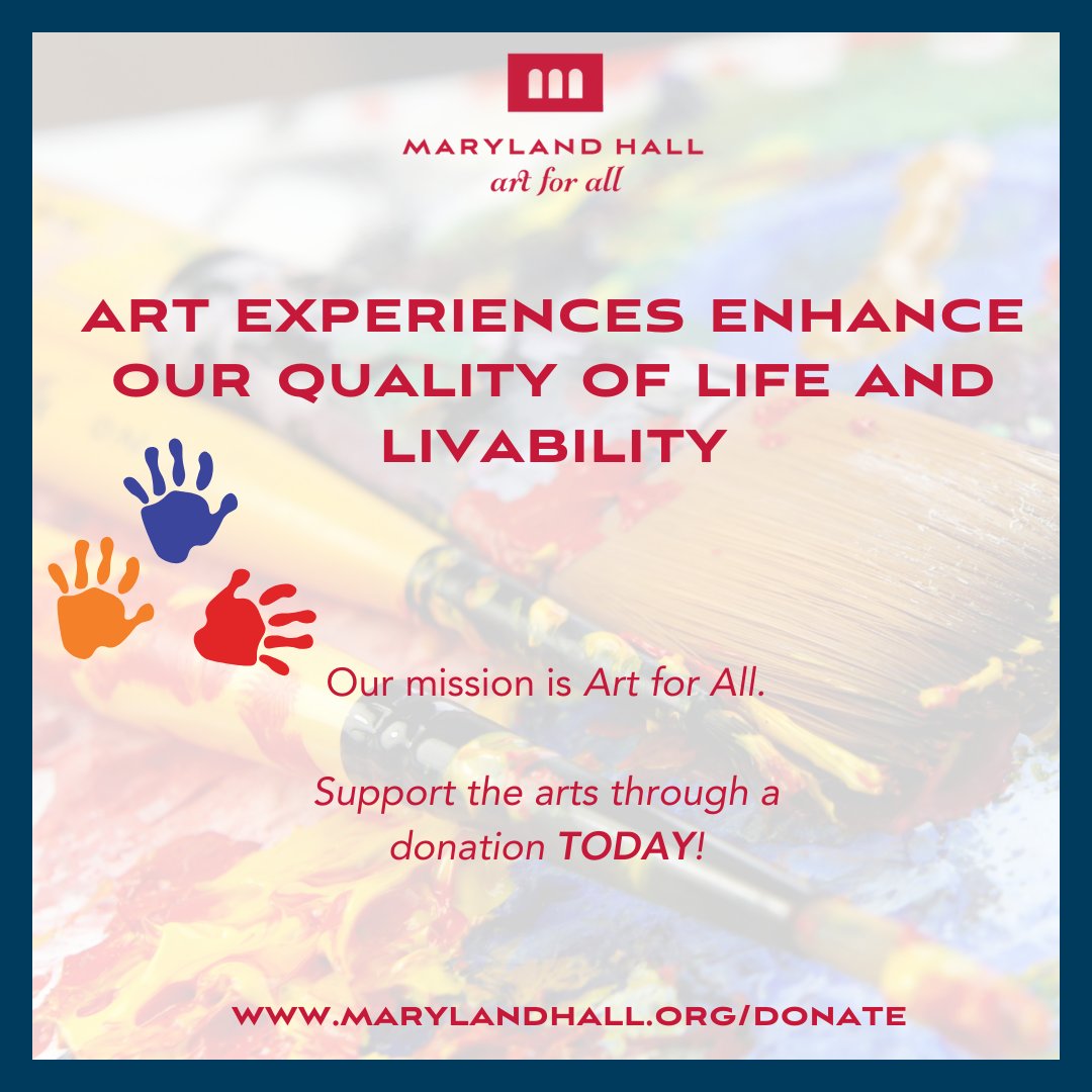 Art experiences enhance our quality of life and livability...

Our mission is Art for All.

Support the arts through a donation TODAY!

MARYLANDHALL.ORG/DONATE

#MarylandHall #ArtforAll #Annapolis #SupporttheArts #Donate