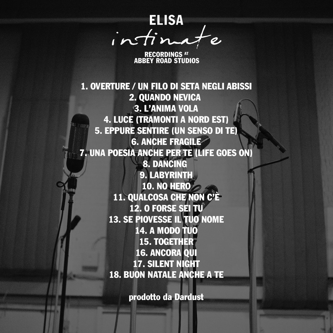 INTIMATE - Recordings at Abbey Road Studios. Il disco. Fuori l’8 dicembre.
Preordina ora:
🔗CD Standard: island.lnk.to/intimaterecord…
🔗Doppio Vinile Standard: island.lnk.to/intimaterecord…
🔗Doppio Vinile Bianco: 
shop.universalmusic.it/products/elisa…
🔗Doppio Vinile Rosso: amazon.it/Intimate-Recor…