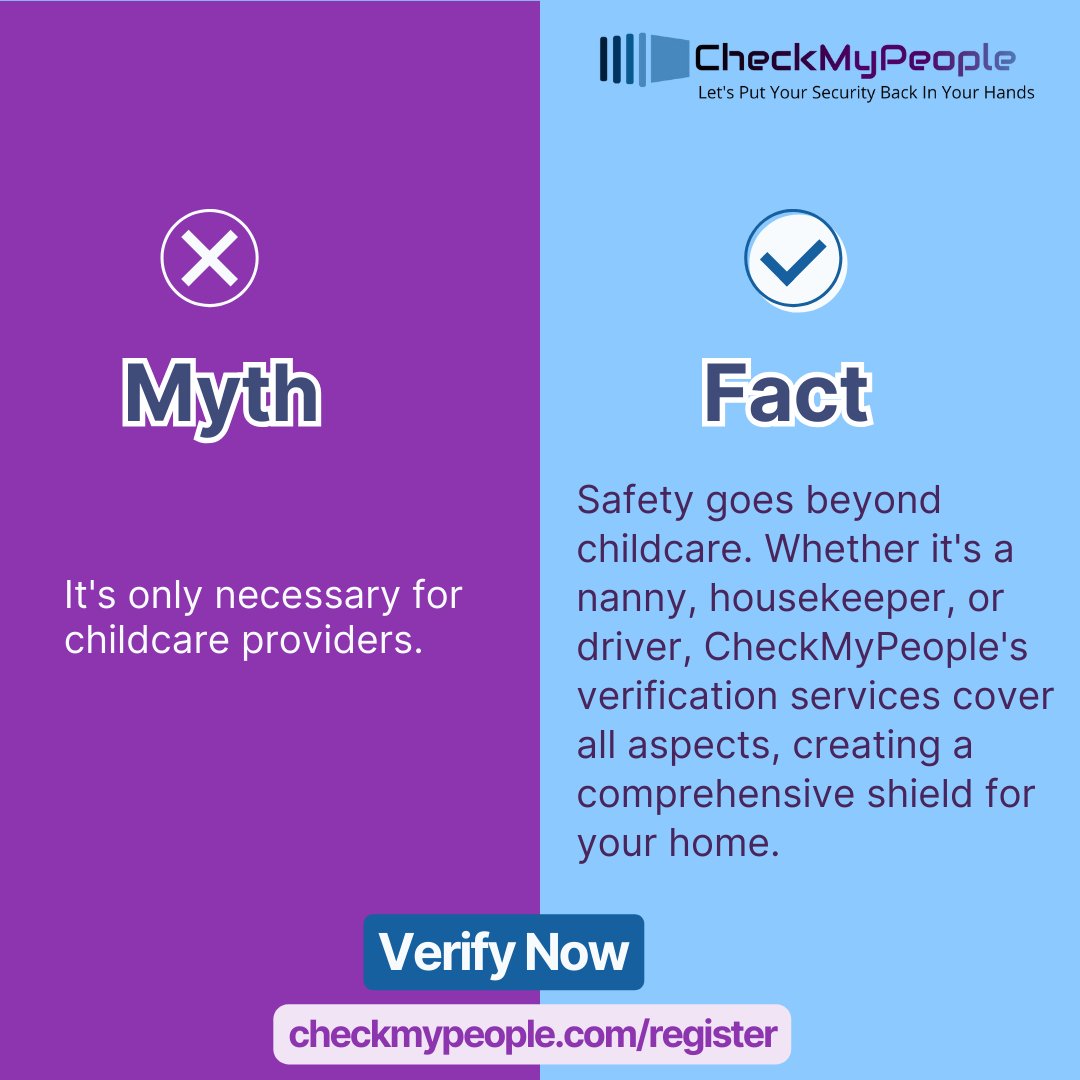 checkmypeople's tweet photo. Reality Check: Don't let myths cloud your judgment. CheckMyPeople is your ally in creating a secure and trustworthy home environment.

https://t.co/oVwy58Mvjk

.

.
#CheckMyPeople #TrustButVerify #CheckMyPeopleStories
#TrustedByCheckMyPeople #DomesticStaffVerification #HomeSafety https://t.co/6pjg8HigLo