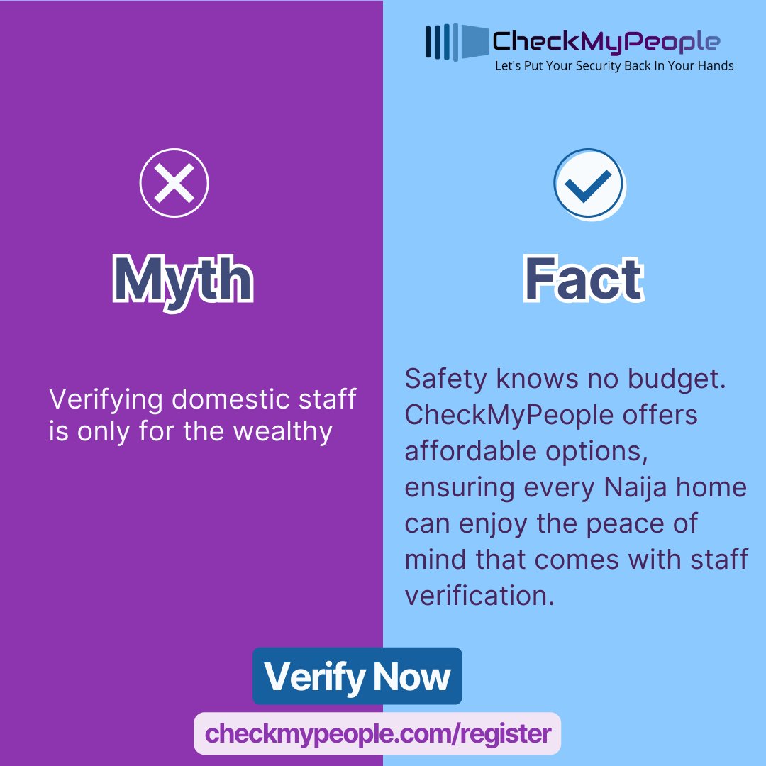 checkmypeople's tweet photo. Reality Check: Don't let myths cloud your judgment. CheckMyPeople is your ally in creating a secure and trustworthy home environment.

https://t.co/oVwy58Mvjk

.

.
#CheckMyPeople #TrustButVerify #CheckMyPeopleStories
#TrustedByCheckMyPeople #DomesticStaffVerification #HomeSafety https://t.co/6pjg8HigLo