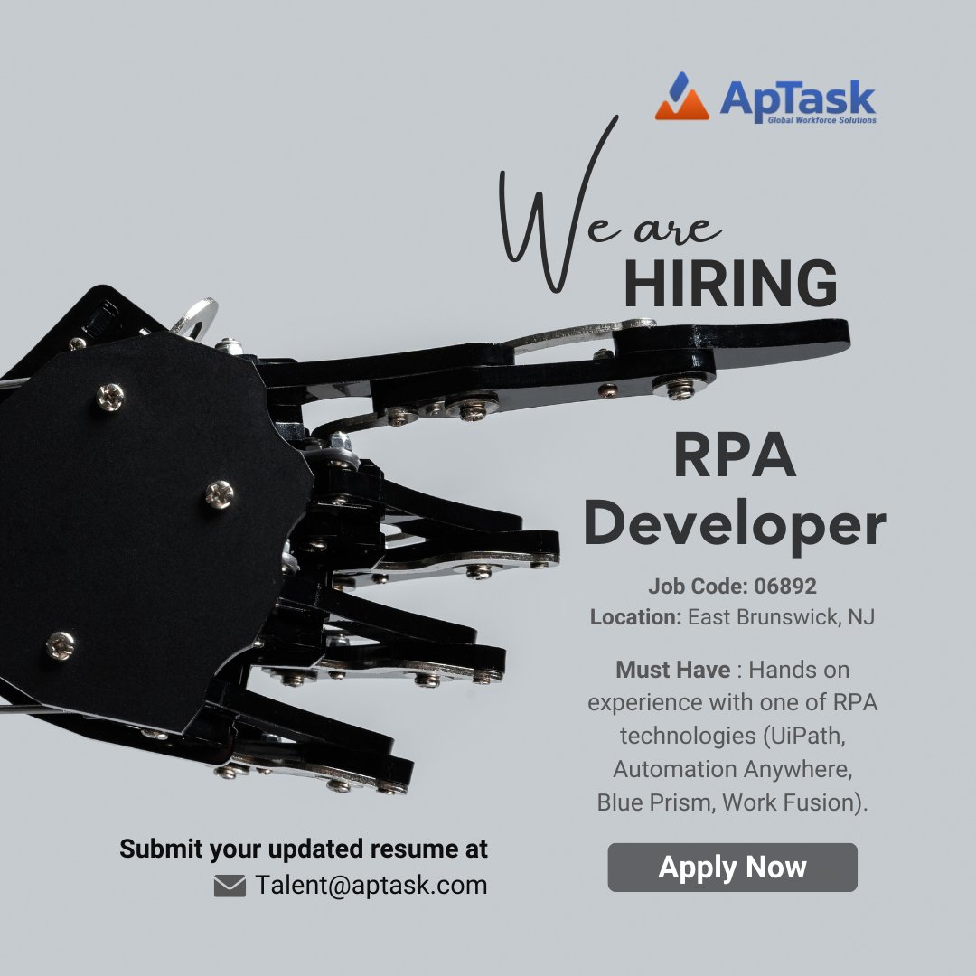 Join ApTask as an RPA Developer! 🤖 Must-have skills in UiPath, Automation Anywhere, Blue Prism, or Work Fusion. Location: East Brunswick, NJ. Submit resume to talent@aptask.com. #RPADeveloper #TechJobs #EastBrunswickNJ #ApplyNow