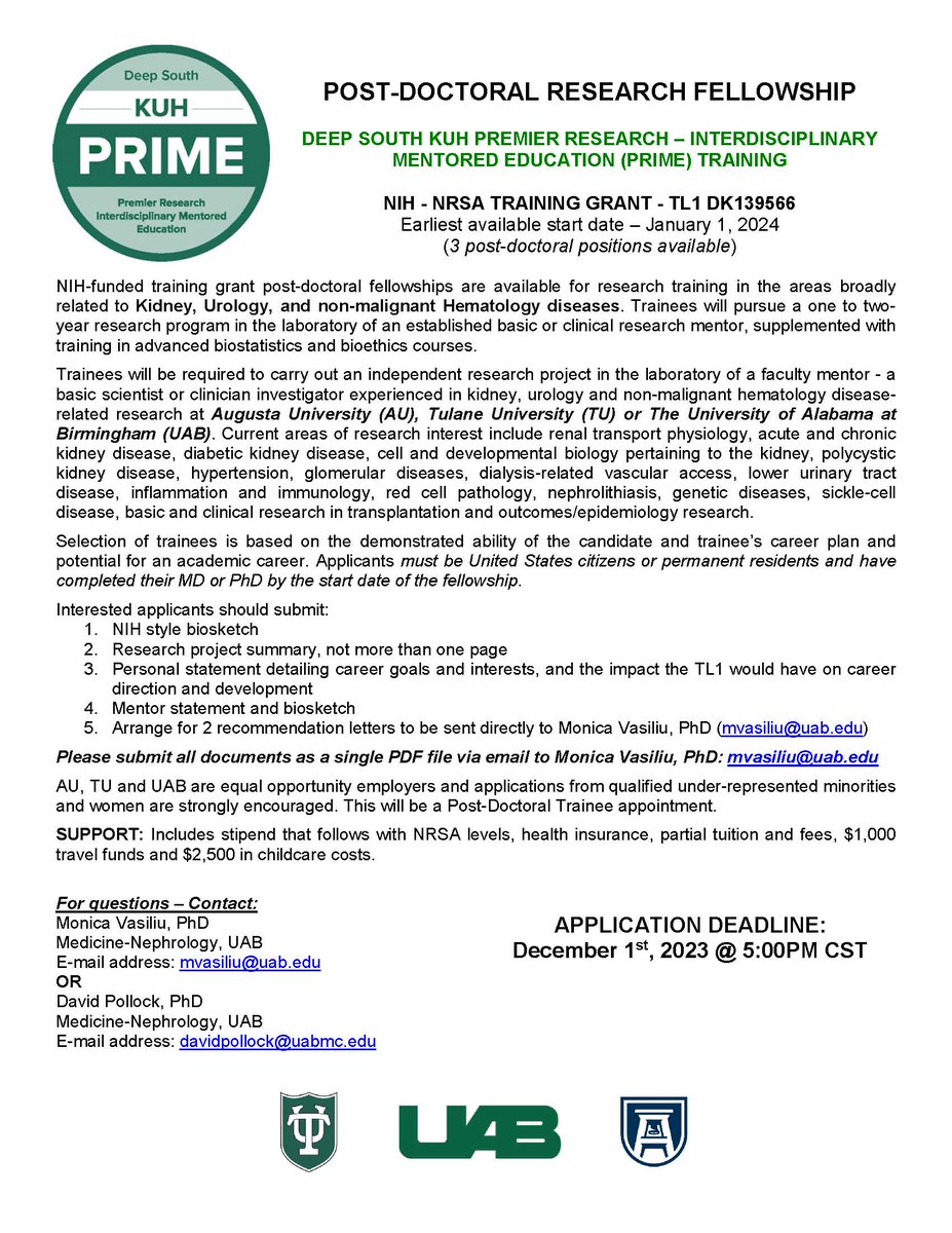 Deep South KUH PRIME - Post-doctoral Research Fellowship @KUHPRIME in Kidney, Urology, and non-malignant Hematology diseases at Augusta University, Tulane University or UAB. @davidpollock929 @ogutierrez136 More information on the website: sites.uab.edu/kuhprime/train…