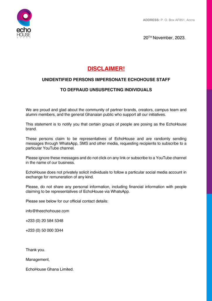 ThisIsEcho_'s tweet photo. Beware of unauthorized individuals posing as EchoHouse staff. Your safety is our priority. Read the full statement for details and take note of our contact information.
#thisisecho #showuplikeecho https://t.co/us9b4rQpF3