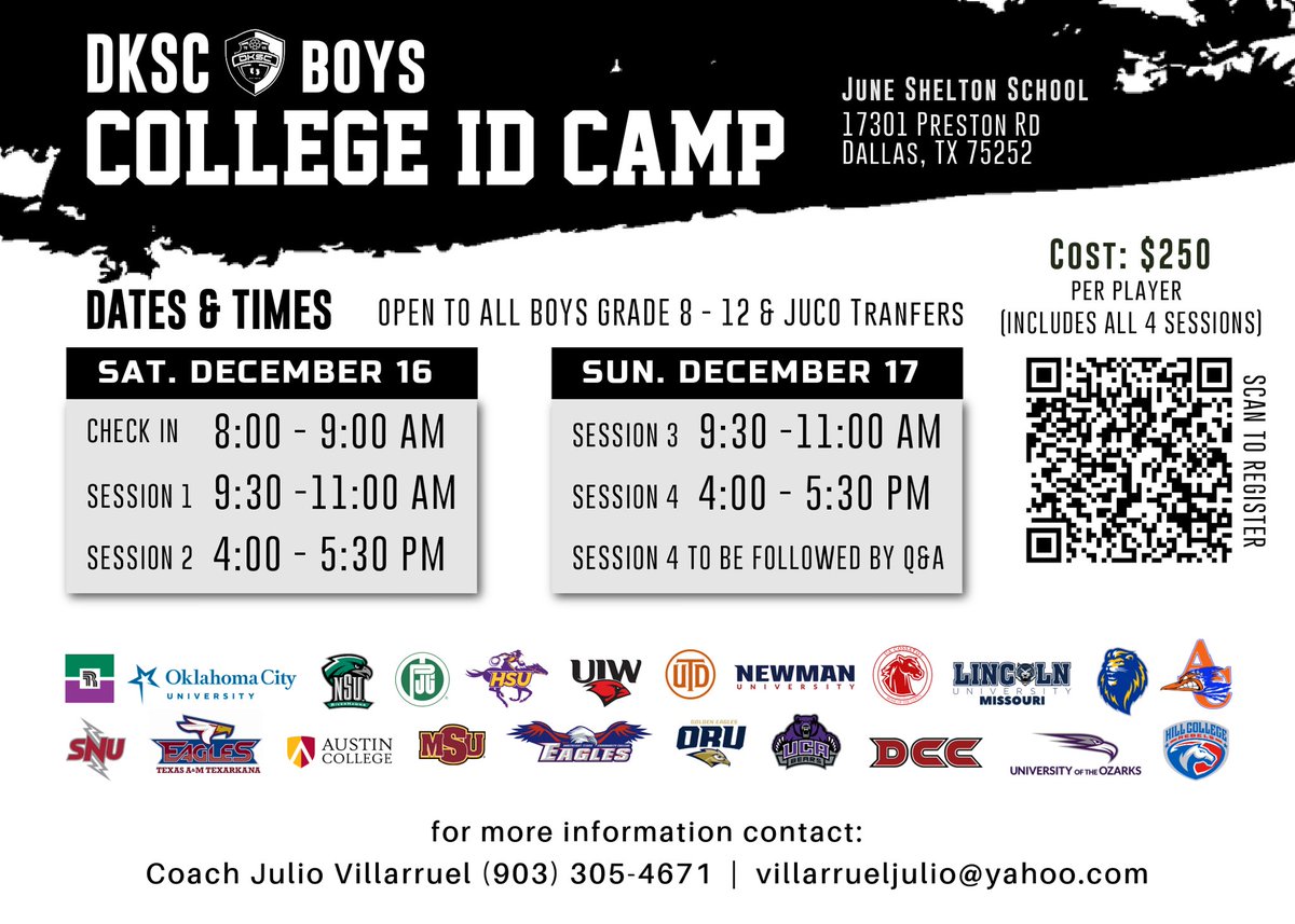 JulioVillarrue4's tweet photo. Calling out all soccer junkies! DKSC Boys College ID Camp in Dallas, TX! Register today, limited spots available! 

@DKSC_official https://t.co/51LrbLuyYb