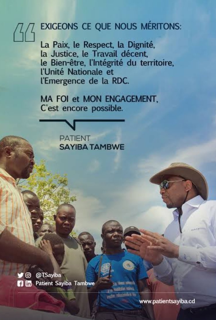 @TSayiba Plutôt que se contenter des promesses par simple fanatisme, respectons-nous et exigeons de nos dirigeants ce que nous méritons en tant que #Nation civilisée. Qu'entendons-nous de la démocratie? Dieu a déjà béni la #RDC, #TRAVAILLONS. #Cestencorepossible