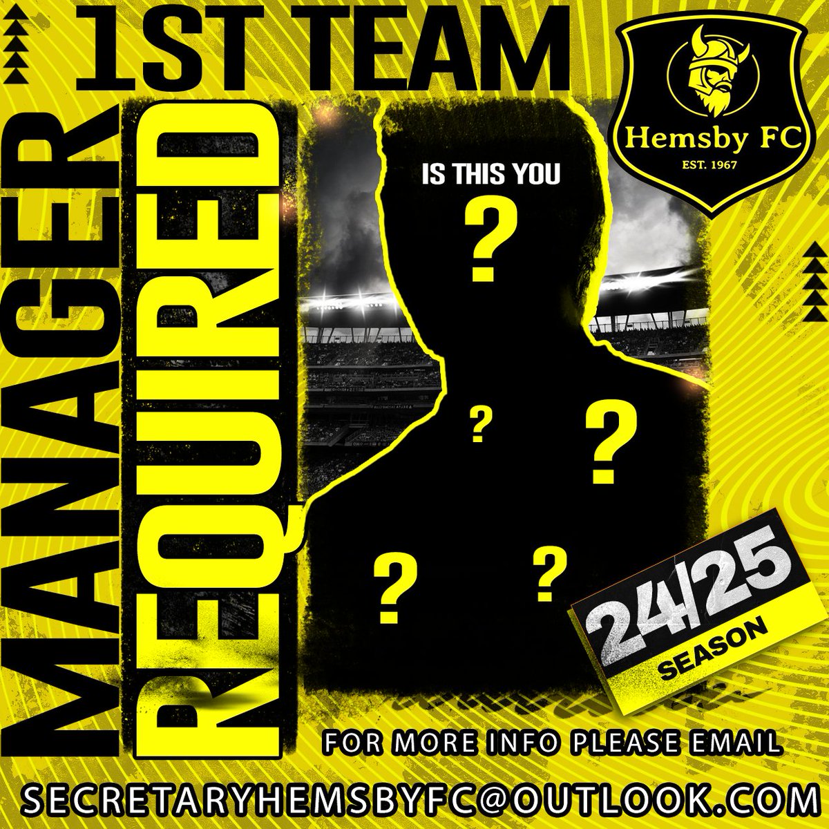 🚨⚽ Exciting Opportunity⚽🚨
🌟 Hemsby FC is on the hunt for a dynamic and passionate 1st Team Manager for the upcoming 2024/25 season! 🌟
Could it be you? 
Please email us Secretaryhemsbyfc@outlook.com
#HemsbyFC
<a href="/AnglianCom/">Fosters Solicitors Anglian Combination</a> Please share 🙏