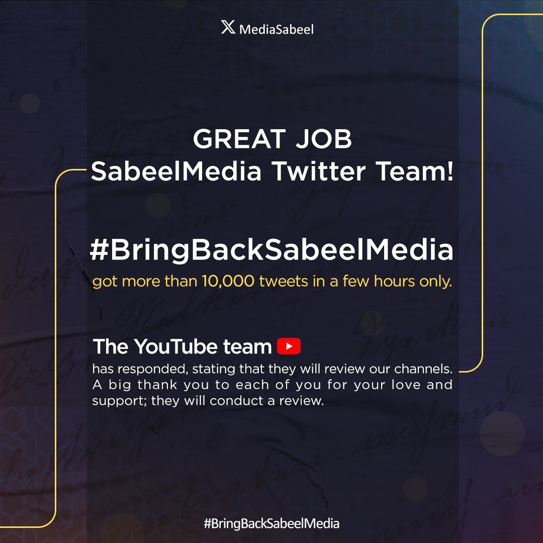 SabeelKids's tweet photo. Having the support of so many incredible people is our greatest achievement yet. Each one of you has made Sabeel Media Group and its channels stronger. Let's all pray for the best results.
#BringBackSabeelMedia https://t.co/a8jp4bCiBF