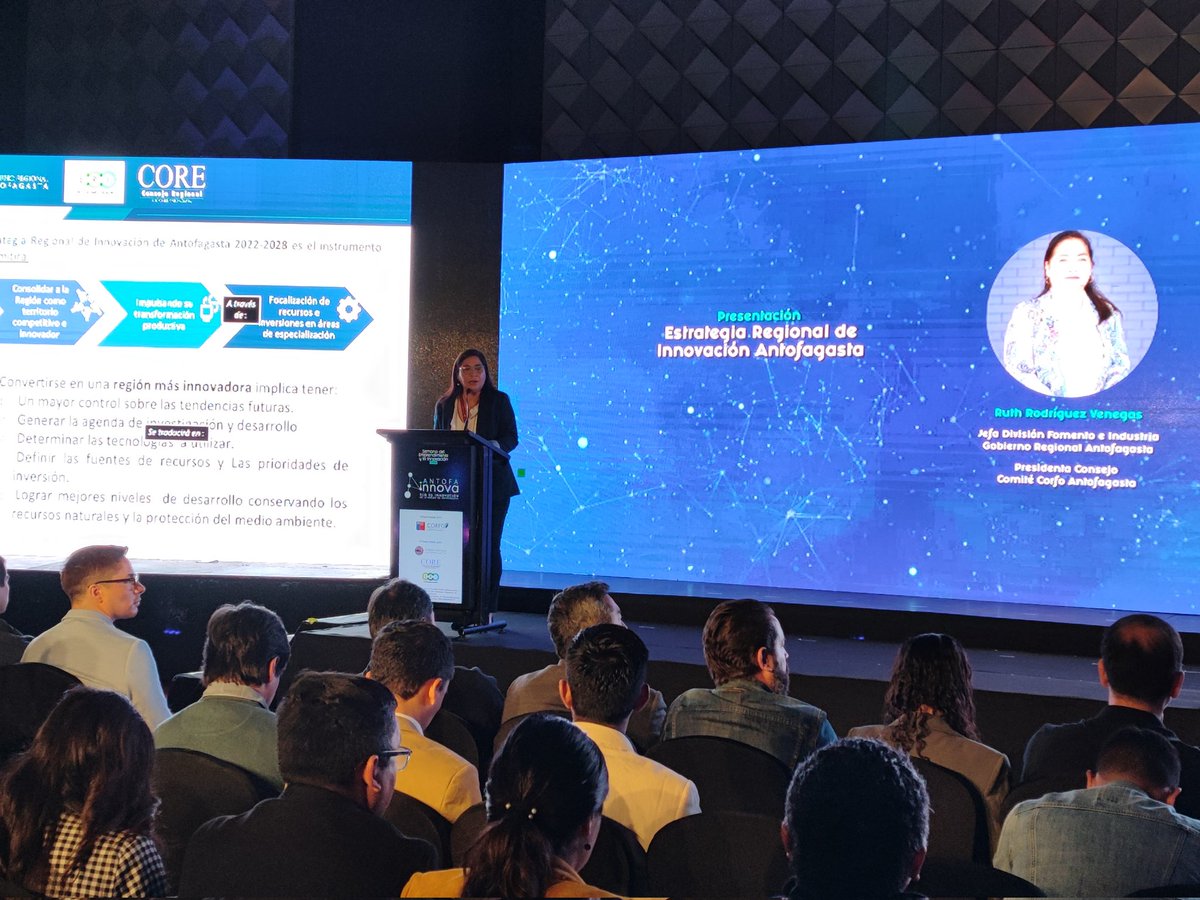 CorfoAntofa's tweet photo. Ruth Rodríguez, Jefa de DIFOI @GOREAntofagasta y presidenta del Consejo #ComitéCorfoAntofagasta, presenta la Estrategia de Innovación Regional (ERI), en la Inauguración de la Semana del Emprendimiento y la Innovación 2023
#AntofaInnova https://t.co/ExQqBf3PWk