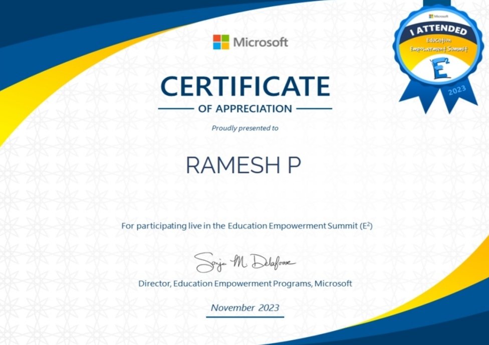 ramesj7's tweet photo. Wonderful recognition from #microsoft   Education for attending #EducationEmpowerment Summit #E2  Great thanks to Saravanan sir,. Manohar sir #MicrosoftLearn @MicrosoftEDU @MANOHARSuba @Sarav1904
#MIEFellow #MIEExpert #MicrosoftTeams #Microsoft365 https://t.co/APH2Q1ngVc