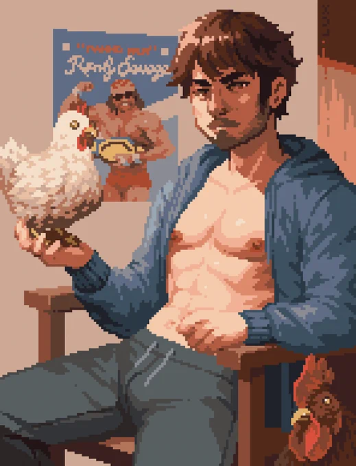 shane from stardew valley with his chicken (hogless version) 