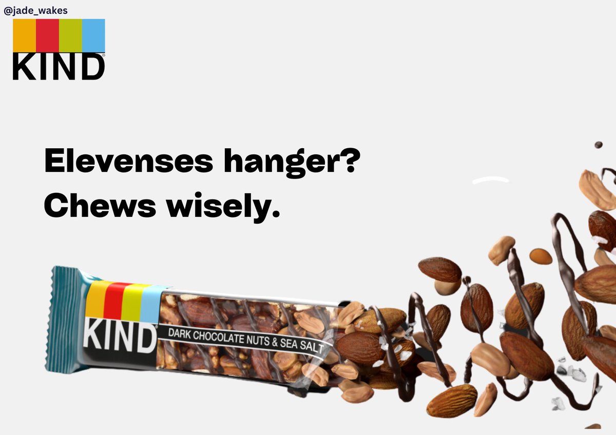Create <a href="/OneMinuteBriefs/">One Minute Briefs ⏱️</a>
posters to celebrate the launch of the new <a href="/KINDSnacksUK/">KINDSnacksUK</a> #ChocChipCashew bar.

🕚 Elevenses Hanger?! 😤 

Chews wisely.