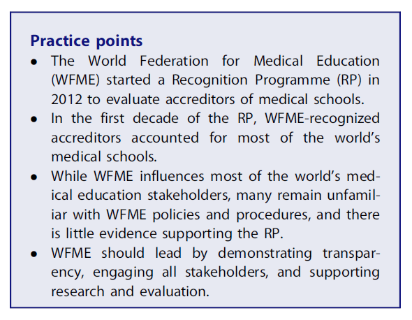 In this paper published 3 days ago, S. Tackett, @cynthiarw29, and @Dr_A_Rashid make an important call: 'WFME [@wfmeorg] must strive toward full and open accountability to all stakeholders.' A must read if you're involved in #MedEd: tandfonline.com/doi/full/10.10…