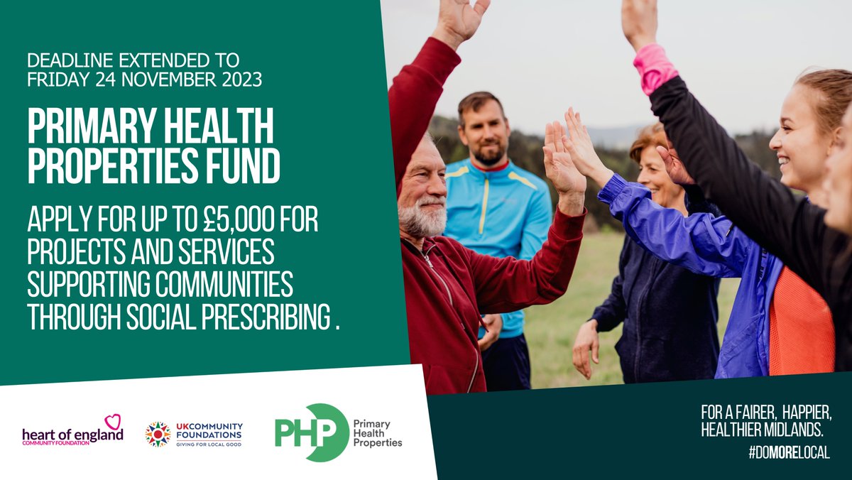 Heart of England Community Foundation (@hoecf) on Twitter photo GRANTS | Deadline Extended
⏰You have until Friday 24-Nov to submit your application for the PHP Fund in pship with <a href="/UKCF_tweets/">UK Community Foundations</a> and <a href="/PHPReit/">Primary Health Properties (PHP) plc</a>.
Your project could receive £5k towards social prescribing and community wellbeing! ❤️
💰Find out more here: tinyurl.com/54jnp55j GRANTS | Deadline Extended
⏰You have until Friday 24-Nov to submit your application for the PHP Fund in pship with <a href="/UKCF_tweets/">UK Community Foundations</a> and <a href="/PHPReit/">Primary Health Properties (PHP) plc</a>.
Your project could receive £5k towards social prescribing and community wellbeing! ❤️
💰Find out more here: tinyurl.com/54jnp55j