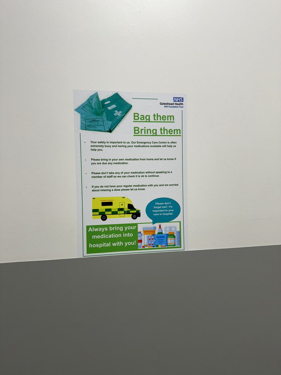 Encouraging patients to bring in their medications will not only prevent missed doses of critical medicines, but will help us make safe decisions about patient care. 💊 @PharmacyQeh have relaunched ‘bring your meds to hospital’ campaign! See our posters in A&E 🏥 @Gateshead_NHS