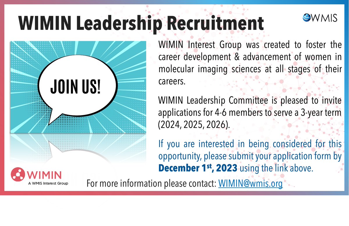 WIMIN_WMIS's tweet photo. 📣 Call to Join the WIMIN Leadership Committee!

Enjoy our events at #WMIC2023? Want to get involved and help plan conference sessions and raise funds for attendees?

We are accepting applications to join our leadership committee, due Dec 1: https://t.co/wE9UrPOgT9 https://t.co/eO8xhcl4vT