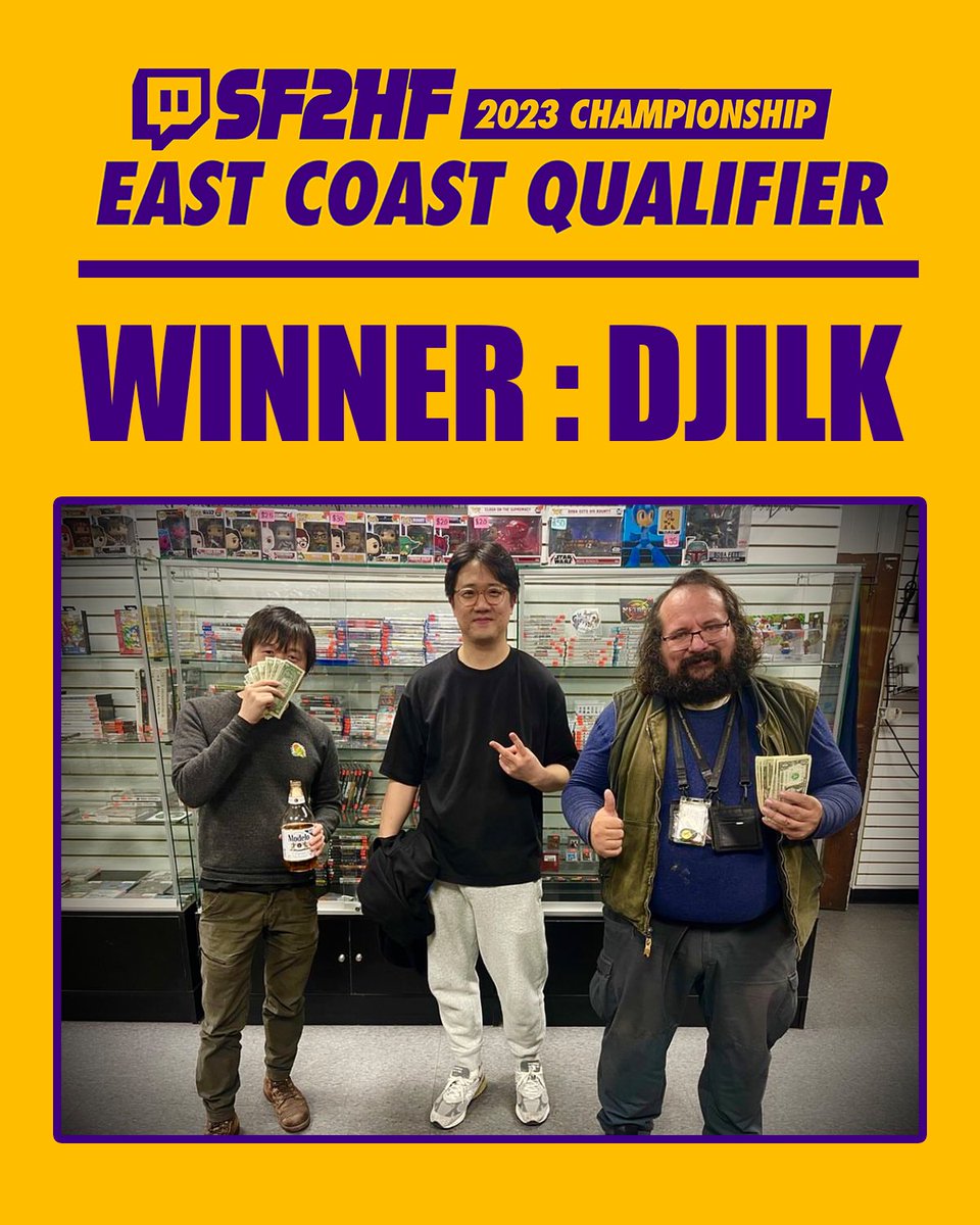 Congrats 🙌  to DJILK (center) for winning our East Coast Qualifier Tourney! Catch him on Sunday 12-10-23 as he competes in LA/CA for the #SF2HF Championship held at EightyTwo 👊✈️🏆 #StreetFighter #streetfighter2 #fgc